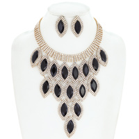 CRYSTAL RHINESTONE PAVE GEM CLUSTER BIB NECKLACE EARRING SET