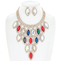 CRYSTAL RHINESTONE PAVE GEM CLUSTER BIB NECKLACE EARRING SET