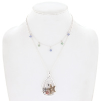 STARFISH  - NAUTICAL SEA LIFE  MULTILAYER BEADED THREE TONE METAL SWIRL TEARDROP PENDANT NECKLACE