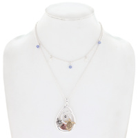 SEA TURTLE - NAUTICAL SEA LIFE  MULTILAYER BEADED THREE TONE METAL SWIRL TEARDROP PENDANT NECKLACE