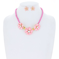 FLORAL ENAMEL SIMULATED PEARL ADJUSTABLE CORD NECKLACE EARRING SET
