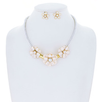FLORAL ENAMEL SIMULATED PEARL ADJUSTABLE CORD NECKLACE EARRING SET