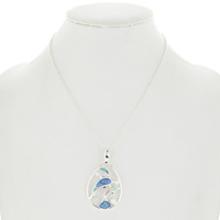 DOLPHIN-GLITTERED ENAMEL SYNTHETIC BLUE OPAL CUTOUT PENDANT NECKLACE