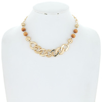 BOHO CUBAN LINK WOOD BEADED ADJUSTABLE CHAIN NECKLACE