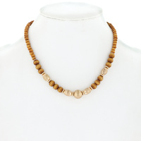 BOHEMIAN SANDALWOOD BEADED ADJUSTABLE NECKLACE WITH GOLD TONE METAL ACCENT BEADS