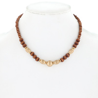 BOHEMIAN SANDALWOOD BEADED ADJUSTABLE NECKLACE WITH GOLD TONE METAL ACCENT BEADS
