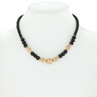 BOHEMIAN SANDALWOOD BEADED ADJUSTABLE NECKLACE WITH GOLD TONE METAL ACCENT BEADS