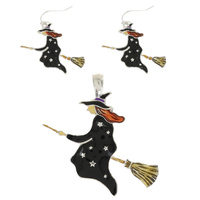WITCH RIDING BROOM - HALLOWEEN THEMED ENAMEL PENDANT AND EARRINGS SET