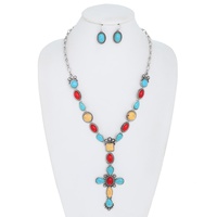 WESTERN OVAL TURQUOISE CROSS LARIAT NECKLACE SET