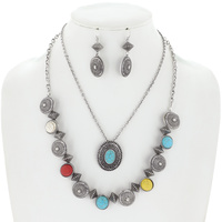 CROSS -WESTERN MULTISTRANDED SYNTHETIC SEMI STONE ADJUSTABLE NECKLACE EARRINGS SET