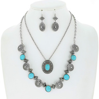 CONCHO -WESTERN MULTISTRANDED SYNTHETIC SEMI STONE ADJUSTABLE NECKLACE EARRINGS SET