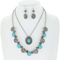 CONCHO -WESTERN MULTISTRANDED SYNTHETIC SEMI STONE ADJUSTABLE NECKLACE EARRINGS SET