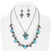 CROSS -WESTERN MULTISTRANDED SYNTHETIC SEMI STONE ADJUSTABLE NECKLACE EARRINGS SET