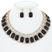 ADJUSTABLE RECTANGULAR CRYSTAL STONE STATEMENT NECKLACE AND 2-TIER EARRING SET