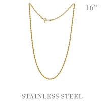 16" UNISEX ROPE CHAIN NECKLACE IN GOLD AND SILVER TONE STAINLESS STEEL