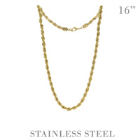 16" UNISEX ROPE CHAIN NECKLACE IN GOLD AND SILVER TONE STAINLESS STEEL