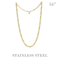 16" UNISEX FIGARO LINK CHAIN NECKLACE IN GOLD AND SILVER TONE STAINLESS STEEL METAL