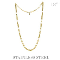 18" UNISEX FIGARO LINK CHAIN NECKLACE IN GOLD AND SILVER TONE STAINLESS STEEL METAL