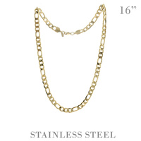 16" UNISEX FIGARO LINK CHAIN NECKLACE IN GOLD AND SILVER TONE STAINLESS STEEL