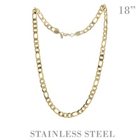 18" UNISEX FIGARO LINK CHAIN NECKLACE IN GOLD AND SILVER TONE STAINLESS STEEL