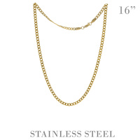 16" UNISEX CUBAN LINK ADJUSTABLE CHAIN NECKLACE IN GOLD AND SILVER TONE STAINLESS STEEL