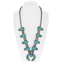 WESTERN NAVAJO BEADED TURQUOISE SYNTHETIC SEMI STONE SQUASH BLOSSOM ADJUSTABLE NECKLACE