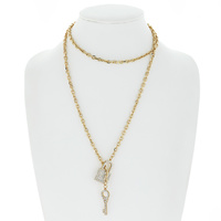 CRYSTAL RHINESTONE PAVE MULTI STRAND LARIAT LOCK AND KEY TOGGLE CHAIN NECKLACE