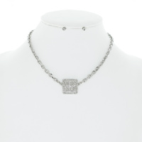 GREEK KEY SQUARE CRYSTAL RHINESTONE PAVE CHAIN NECKLACE AND STUD EARRING SET