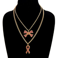BREAST CANCER AWARENESS CRYSTAL PAVE BUTTERFLY PINK RIBBON CUBAN CHAIN LINK MULTISTRANDED ADJUSTABLE PENDANT NECKLACE