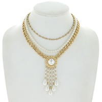 3-ROW TEARDROP PEARL FRINGE MULTISTRANDED ADJUSTABLE CUBAN LINK LAYERED LOOK CHAIN NECKLACE