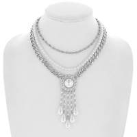 3-ROW TEARDROP PEARL FRINGE MULTISTRANDED ADJUSTABLE CUBAN LINK LAYERED LOOK CHAIN NECKLACE