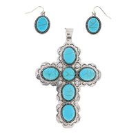 WESTERN TURQUOISE SYNTHETIC SEMI STONE CROSS PENDANT EARRING SET