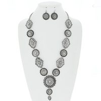 WESTERN SUNBURST CONCHO LARIAT ADJUSTABLE NECKLACE EARRING SET IN SILVER AND MULTITONE OXIDIZED METAL