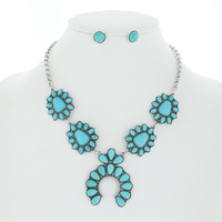 WESTERN SEMI STONE TURQUOISE SQUASH BLOSSOM ADJUSTABLE NECKLACE EARRING SET IN SILVER AND COPPER TONE OXIDIZED METAL