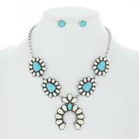 WESTERN SEMI STONE TURQUOISE SQUASH BLOSSOM ADJUSTABLE NECKLACE EARRING SET IN SILVER AND COPPER TONE OXIDIZED METAL