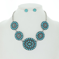 WESTERN SEMI STONE TURQUOISE CONCHO ADJUSTABLE NECKLACE EARRING SET IN SILVER AND COPPER TONE OXIDIZED METAL