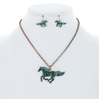 VINTAGE WESTERN RUNNING HORSE CHAIN NECKLACE EARRING SET