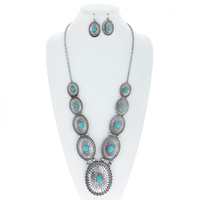 WESTERN TURQUOISE SYNTHETIC SEMI STONE OVAL SUNBURST CONCHO ADJUSTABLE NECKLACE EARRING SET