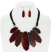 BOHEMIAN STONE AND WOOD ADJUSTABLE BIB LEATHER CORD NECKLACE EARRING SET