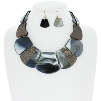 BOHEMIAN SYNTHETIC NATURAL STONE & WOOD BIB CORD NECKLACE EARRING SET