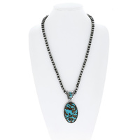 WESTERN NAVAJO PEARL ADJUSTABLE BEADED TURQUOISE SEMI STONE OVAL CABOCHON PENDANT NECKLACE