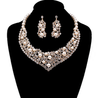 Stone And Pearl V Necklace And Earrings Set Nbq10Gcr