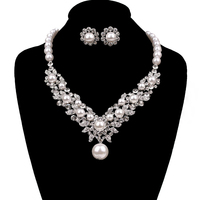 Stone Flowers With Pearls And Large Dangly Pearl Pendant Necklace And Earrings Set Nbq13Rwh