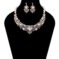 PEARL CRYSTAL MIX BRIDAL ADJUSTABLE PRINCESS V-SHAPED BIB NECKLACE EARRING SET