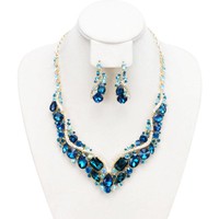 V Shape Stone Cluster Necklace and Earrings Set