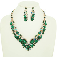 V Shape Stone Cluster Necklace and Earrings Set