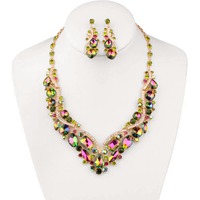 V Shape Stone Cluster Necklace and Earrings Set