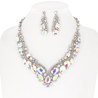 V Shape Stone Cluster Necklace and Earrings Set