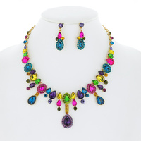 TEARDROP CRYSTAL CLUSTER ADJUSTABLE NECKLACE EARRINGS SET