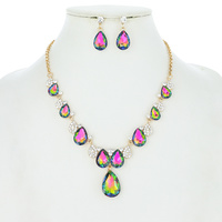CRYSTAL RHINESTONE WITH GEMSTONE TEARDROP EVENING NECKLACE AND EARRINGS SET